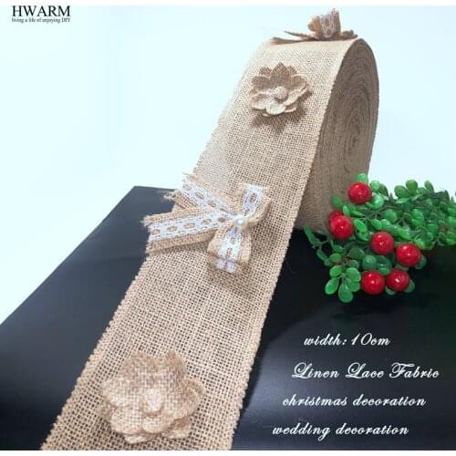 5yard 10cm christmas wedding linen lace fabric ribbon with bow linen bead flower DIY christmas decoration for home wedding gift