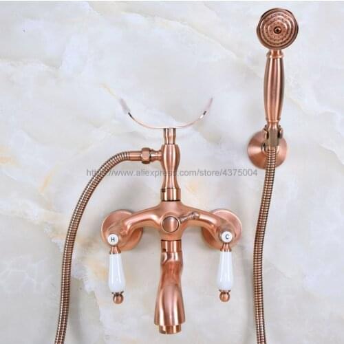 Antique Red Copper Bathroom Clawfoot Bath Tub Faucet bathtub Handheld Shower Faucet Mixer Tap with Shower Head Holder Nna364