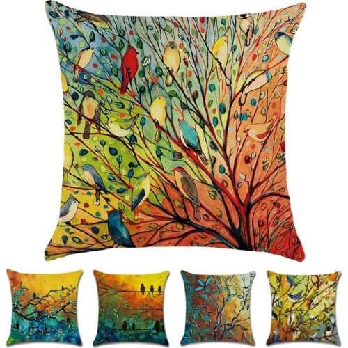 Oil Painting Style Plant Flowers And Birds Print Throw Pillow Case Home Sofa Room Chair Car Decorative Cushion Cover 45x45cm