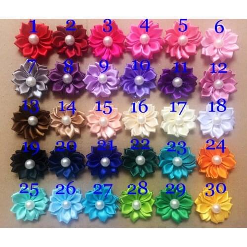 Hot sale hair flowers accessories satin ribbon flowers with pearl hair band 0.9'' wholesale hair made DIY flower 100PCS