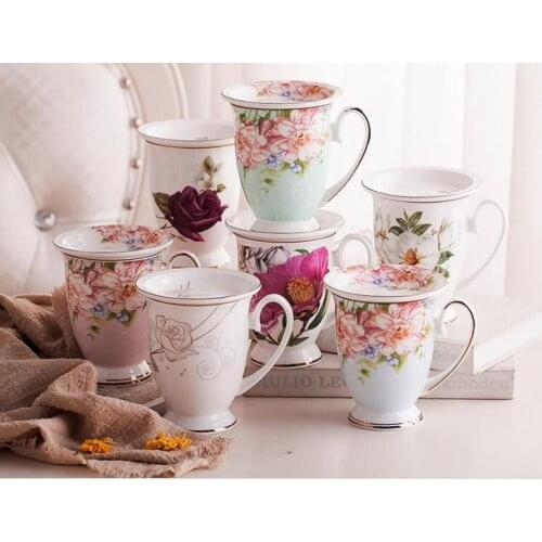 Water Mug Bone Ceramic Water Cup with Lid Spoon Flower Simple Breakfast Milk Coffee Cup Porcelain Europe Style 320ml