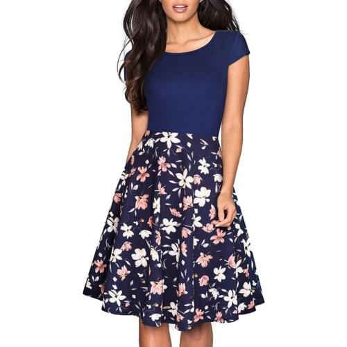 Summer Fashion Women Plus Size Swing A Line Elegant Short Sleeve Round Neck Fresh Floral Print Patchwork Dress EA009