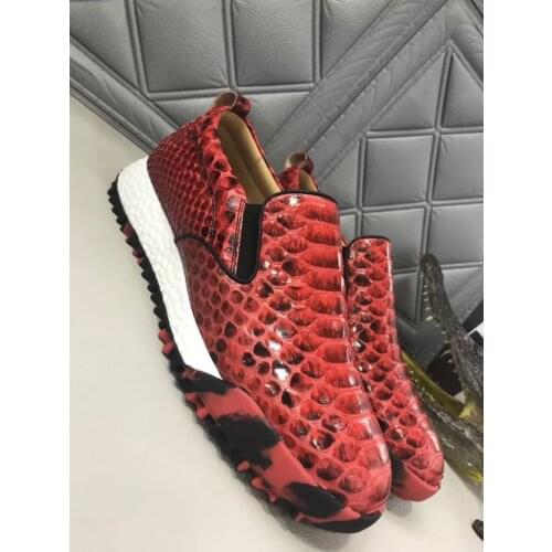 Newly top quality genuine python skin men shoe fashin leisure flat shoe strong solid thread shoe base red yellow orange colors