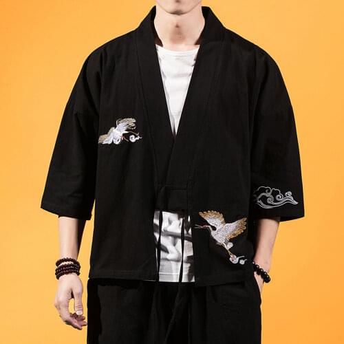 Male Black Fashions Designer Cardigan 5Xl Men Crane Embroidery Kimono Shirts 2021 Mens Streetwear Chinese Styel Shirts
