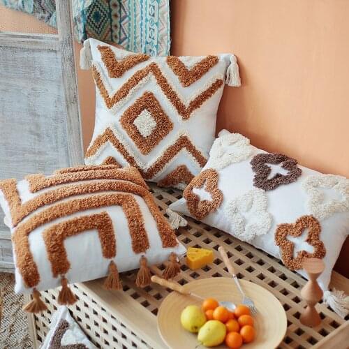 Brown Beige Embroidery Cushion Cover Tassels Home Decor Pillow Cover 45x45cm/30x50cm Geometric Sofa PillowCase Pillow Sham