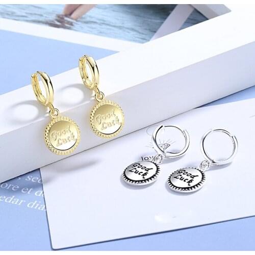 New Fashion Creative Hoop Earrings Good Luck Letters Simple Small Huggie With Round Pendants Charming Earring Piercing Jewelry