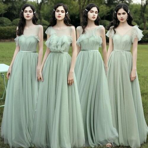 Bridesmaids Dresses Illusion Sleeveless A-Line Floor-Length O-Neck Tulle Lace Pleat Luxury Green Women Wedding Party Gown E241