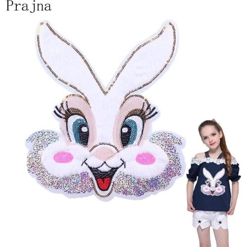 Prajna Lovely Rabbit Sequin Sew On Patch Applique Embroidered Patches Horse Patch For Clothing Apparel Stripes Fluff Badge DIY