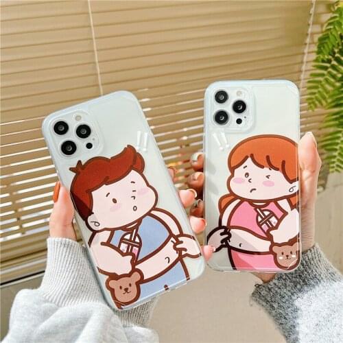 ZUIDID Cute Boy Girl Couple Clear Phone Case For iPhone 11 12 Pro XS MAX XR X SE20 7 8Plus Mil Tea Pattern Soft TPU Cover Fundas