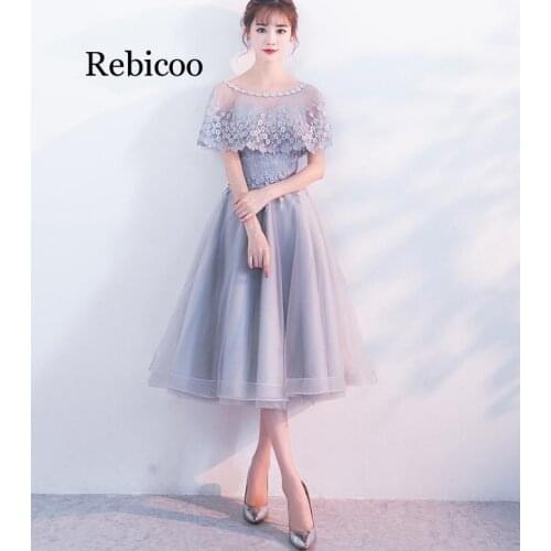 Robe De Soiree A Line Gray Champagne Tea Length Dress Party Elegant Vestido De Festa Simple Prom Gown With Bow