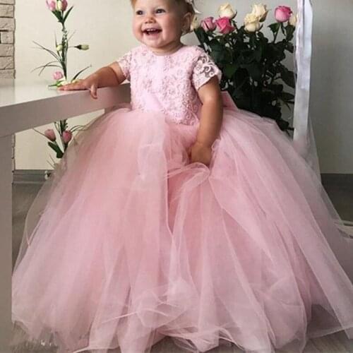 Pink Baby Flower Girl Pageant Dresses Wedding First Holy Communion Dresses Jewel Neckline Short Sleeves Lace Kids Party Gown