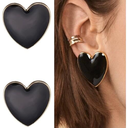 Big Enamel Heart Stud Earrings For Women Black Oil Gold Street Trendy Jewelry Statement Love Drop Earring Gifts For Girlfriends