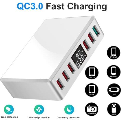 6 Ports USB Fast Charger LCD Digital Display Smart Charging Station Multi-Port Desktop USB Charging P for iPhone Samsung etc