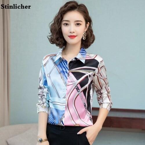 Spring Autumn Womens Blouse Long Sleeve Flower Chain Printed Satin Silk Blouse Shirt Womens Tops Office Ladies Work Shirt