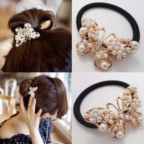 Women Charm Crystal Rubber Headband Ponytail Gum Hair Bands Imitation Pearls Butterfly Elastic Hair Rope Hair Accessories