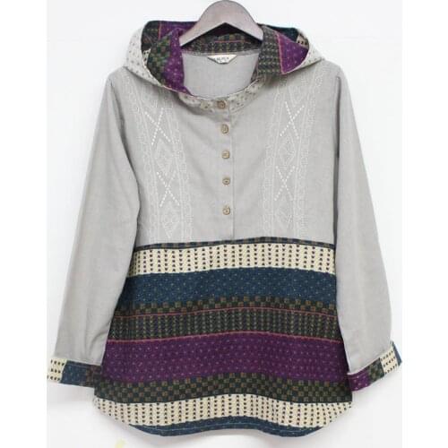 Vintage Autumn Loose Women Hoodies Cotton Linen Winter Sweatshirts Plaid Embroidery Long Sleeve Button Casual Hooded Pullovers