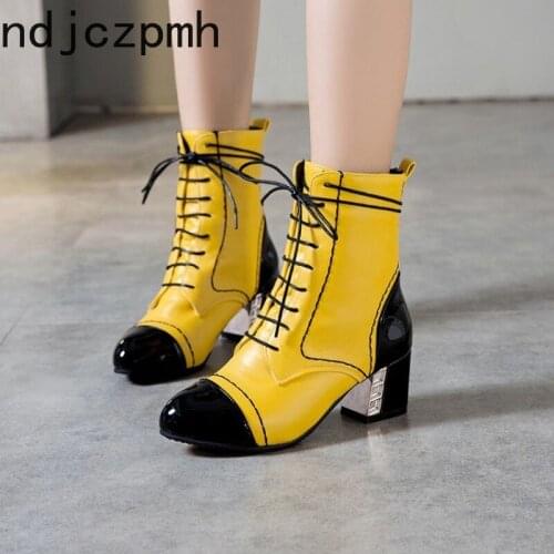 Womens Boots New winter Color matching Pointed Lace-up mid heel Martin boots Womens shoes plus size 32-48 Heel Height 5.5cm