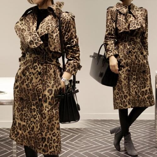 Long Trench Coat Women European Style Spring Autumn Double Row Buckle Leopard Print Windbreaker Lady Chic Coat Windproof Trench