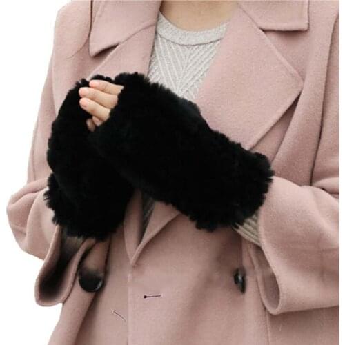 Women Winter Real Rex Rabbit Fur Gloves Lady Real Rex Rabbit Fur Mittens Hand-Woven Warm Soft