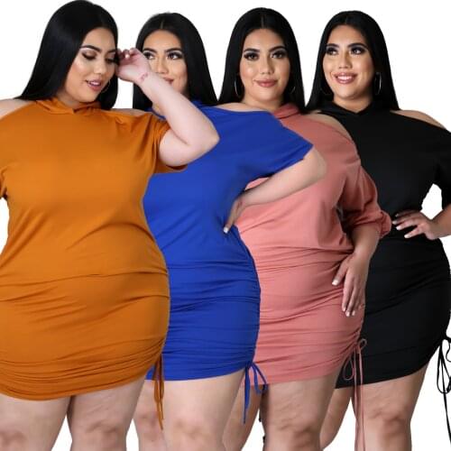 2021 Summer Fat Woman Plus Size Womens Dress Solid Loose Casual Hooded Shirring Batwing Sleeve Strapless Fat Woman Dress