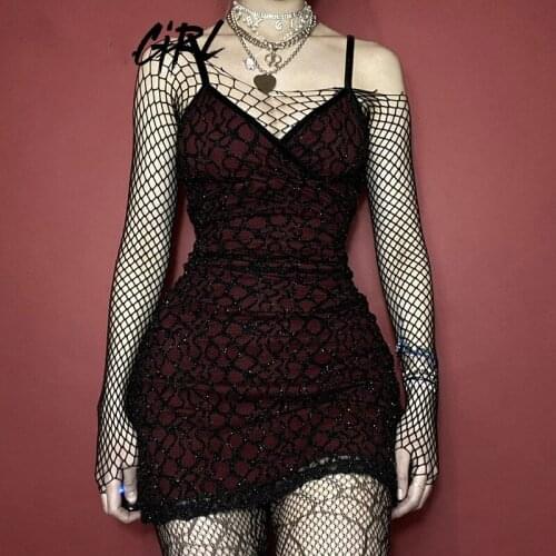 Women Sexy Fishnet Mesh Dress, Adults Backless Glitter V-neck Spaghetti Strap Dresses, S/ M/ L
