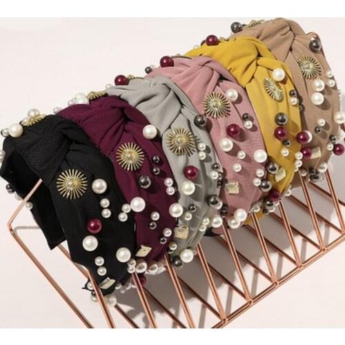 1pcs Women Baroque Full pearl Rhinestone Wide Headband Crystal Bandana Hair Hoops Girl Top Knot Hairbands Lady Party Hairwrap