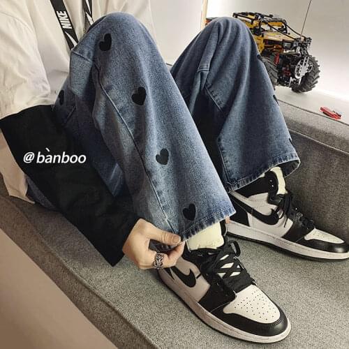 2021 Mens Baggy Homme Straight Pants Love Printing Jeans Fashion Blue/Black Casual Pants Biker Denim Loose Trousers M-2XL