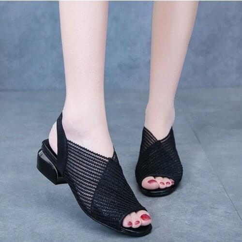 2021 Women Sandals Fashion Thick Heel Peep Toe Womens Shoes Mesh Breathable Sandals Ladies Plus Size Girls Summer Sandal