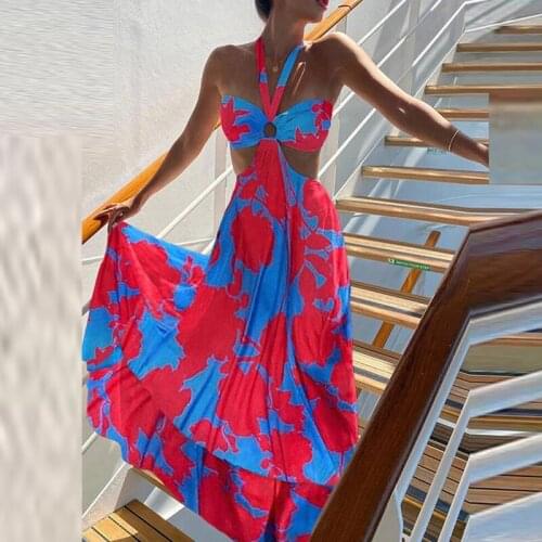 Boho Dress 2021 Summer Spring Floral Print Sleeveless Long Party Dress Women Sexy Halter Hollow Out Ladies Maxi Dresses Vestidos