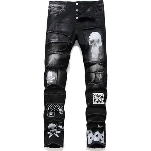 KIOVNO Fashion Mens Ripped Pleated Jeans Pants Skull Printed Patchwork Denim Trouser For Male Washed Size 29-38