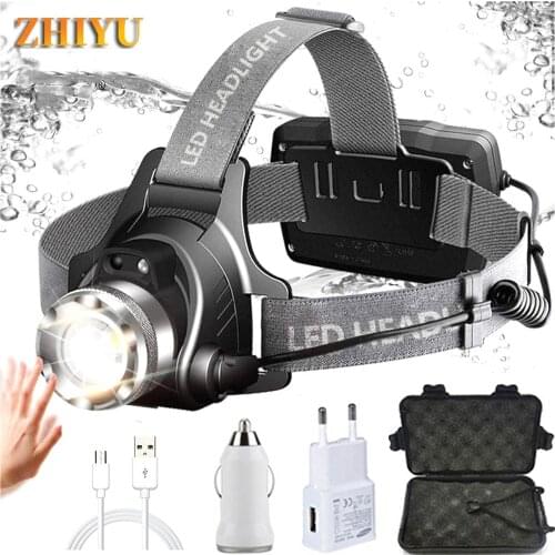 IP65 Waterproof Headlight Super Bright LED Headlamps 18650 USB Rechargeable Led Head Lamp with 4 Modes and Adjustable Headband