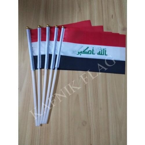 KAFNIK,5pcs 14*21cm Small Iraq Hand Waving National hand Flag with Pole for advertisement decoration, free shipping