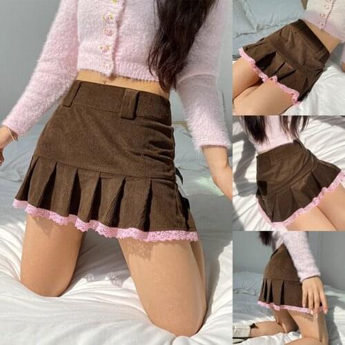 Kili Lace Trim Corduroy Pleated Skirts Girl Sweet High Waist Brown Skirt Autumn A-Line Mini Skirt