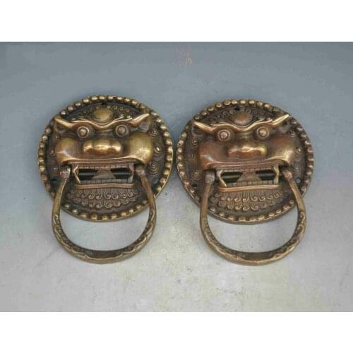 Chinese Copper Feng Shui Foo Fu Dog Guardion Lion Head Knocker Door Ring Pair