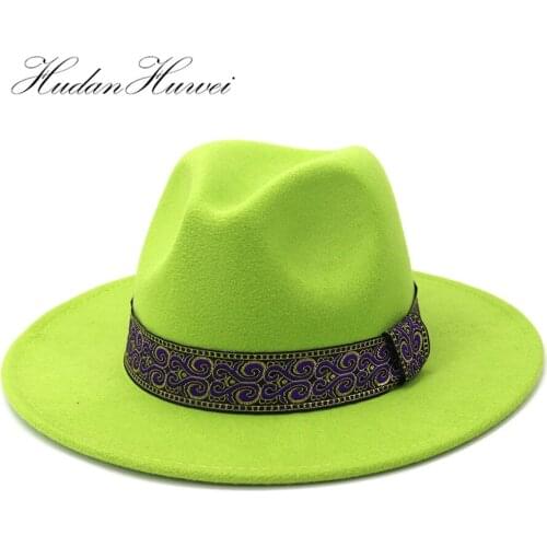 2020 Hot Sell Clasical Solid Autumn Winter British Style Men Women Jazz Panama Woolen Fedora Hat with Wide Brim Church Top Caps