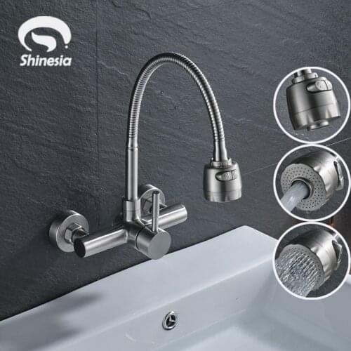 Brushed Nickel Stainless Steel Bathroom Faucet Swivel Spout 2 Functions Outlet Water Mixer Tap 2 Holes Wall Mounted