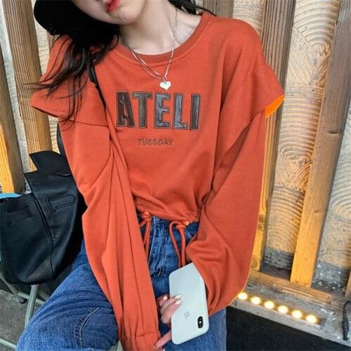 Fashion little girls cute hoodie female student autumn long-sleeved woman round neck pullover loose wild short drawstring tops