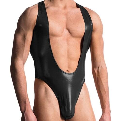 Mens Bodysuit Wrestling Singlet Big Penis Pouch Gay Jumpsuit PU Leather One-Piece Leotard Body Shaper Undershirt Thong Underwear