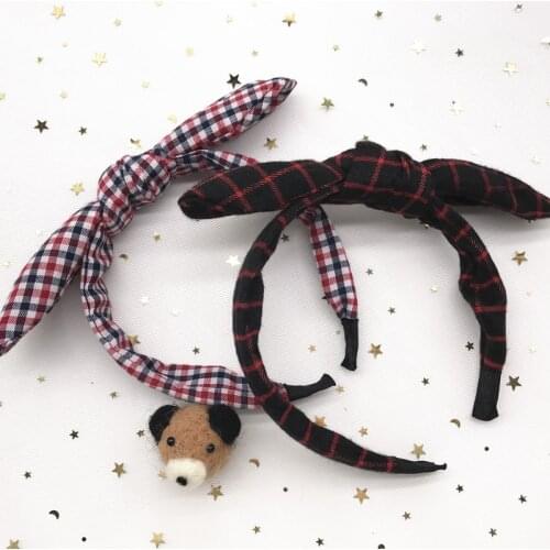 Simple and wide-side black and white grid headband business British style bow fabric check rabbit ears headband hairpin