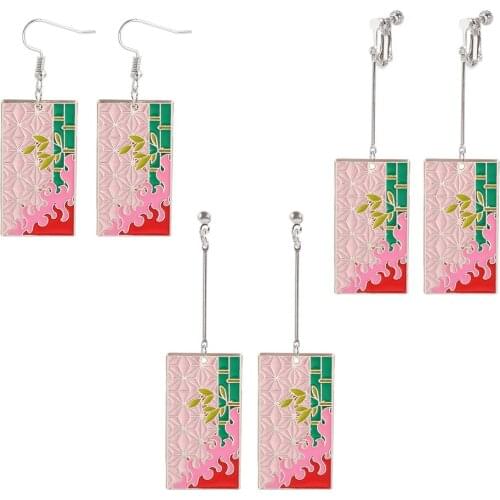 Anime Demon Slayer Kamado Nezuko Alloy Pendant Earring Ear Studs Fake Piercing Ear Clip Set Cosplay Props Jewelry Gift For Fans