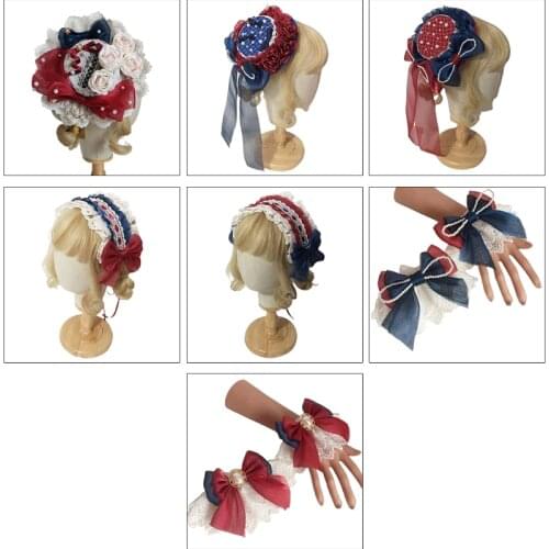 Mesh Lace Tea Party Top Hat Bowknot Floral Hair Clip Headband Sweet Lolita Wrist Cuff American Flag Pastriotic Headpiece