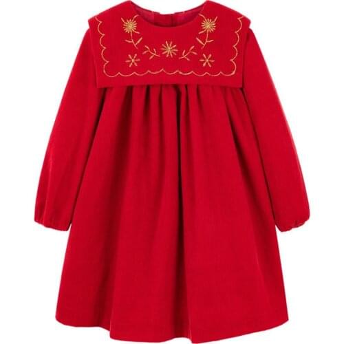 Vintage Baby girl Corduroy embroidered princess dress kids casual red big lapel birthday party Christmas dress
