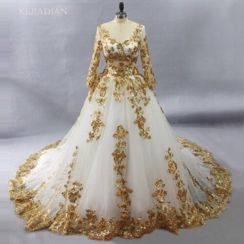 Gorgeous White Muslim Wedding Dresses With Gold lace appliques bridal gown long sleeves vestido de noiva Lebanon Robe De Mariee