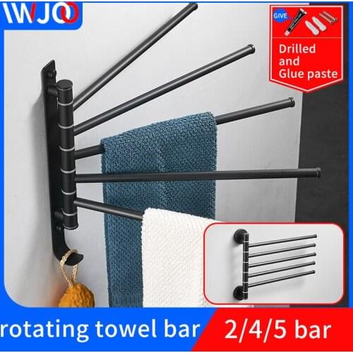 Bathroom rotating towel bar with hook black wall mounted double towel racks glue paste toilet stainless steel towel ring holder