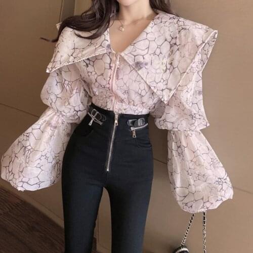 Womens Big Turn Down Collar Printing Shirt Female Fashion Lantern Sleeve Tops Perspective Zipper Blouses Elegant Shirts 13965