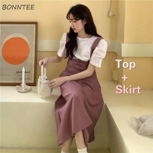 Womens Sets French Style Trendy Elegant Ladies Outfit Summer Basic Short Sleeve Top Lovely Suspender A-line Leisure Femme Skirt
