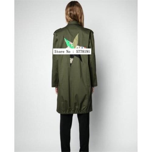 Woman Army Military Green Long Trench Coat Back star Print Front Single Breasted Buttons Long Sleeves Big Pockets Fashion Coat