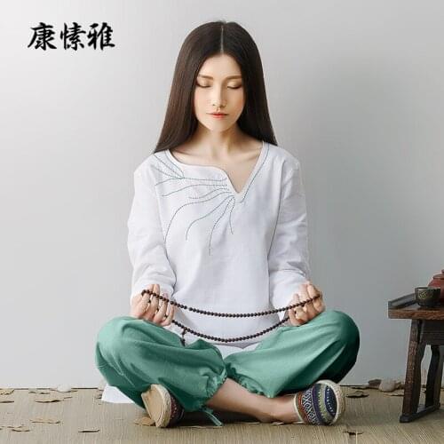Women Yoga Set Tai Chi Uniforms Meditation Martial Arts Casual Suit Linen Loose Wide Leg Yoga Pants Yoga Top Shirts Sportswear
