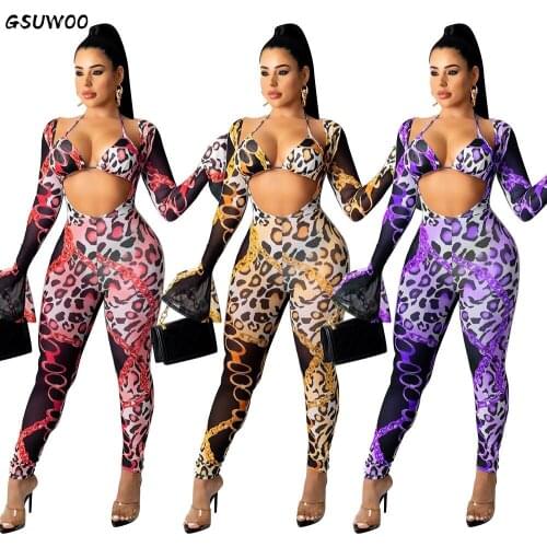 Gsuwoo Leopard Print Sheer Mesh Jumpsuit with Bra 2Piece Set Women Sexy V Neck Long Flare Sleeve Clubwear Rompers Outfit Overall