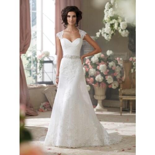 Vestido de noiva Arrival Cap Sleeve Lace Appliques Open Back 2018 bridal gown With Crystal Belt mother of the bride dresses